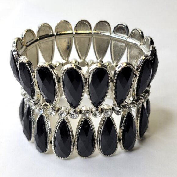 Women's Black Stretch Cuff Bracelet Wide Large Cuffs - Picture 2 of 8